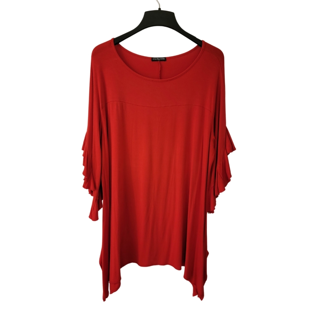 Red Bell/Ruffle Sleeve Assym. Tunic
